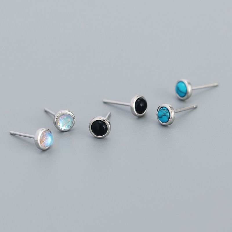 Round Created Agate Moonstone Turquoise  925 Sterling Silver Stud Earrings