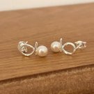 Women Round Shell Pearl Hollow Knot 925 Sterling Silver Stud Earrings