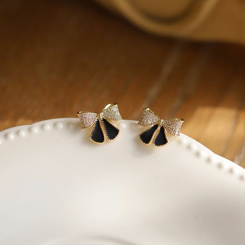 Classic Black CZ Bow-Knot 925 Sterling Silver Stud Earrings
