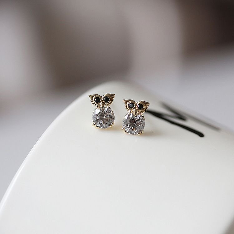 Cute Animal Owl Round CZ 925 Sterling Silver Stud Earrings