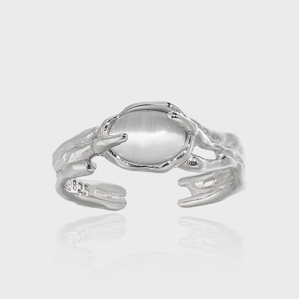 Casual Oval Natural Cat's Eye Irregular 925 Sterling Silver Adjustable Ring