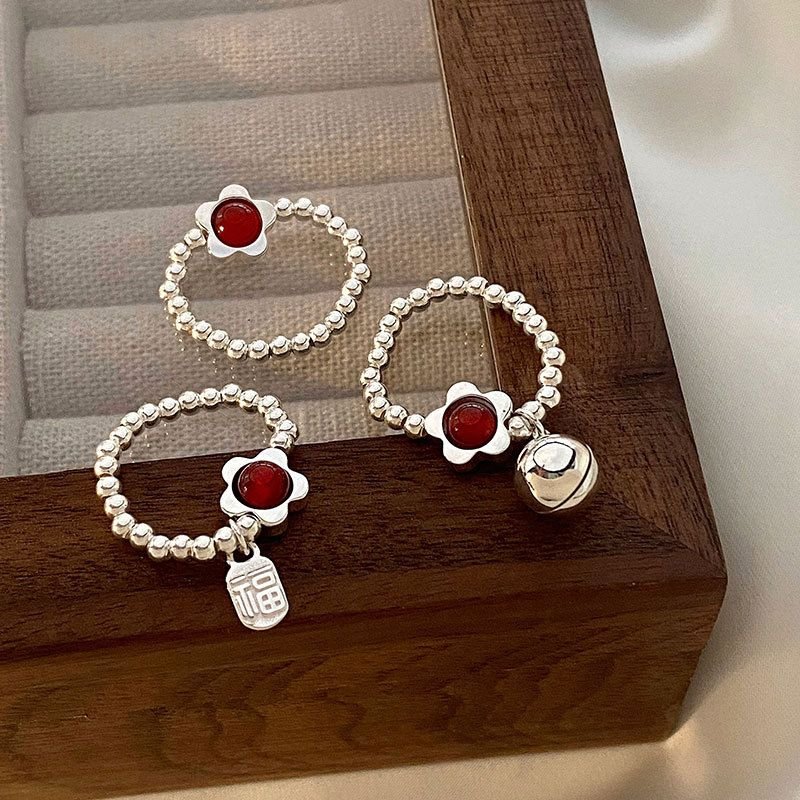 Red Agate Flower Bell Chinese Fu Tag Beads Chain Silver Adjustable Ring