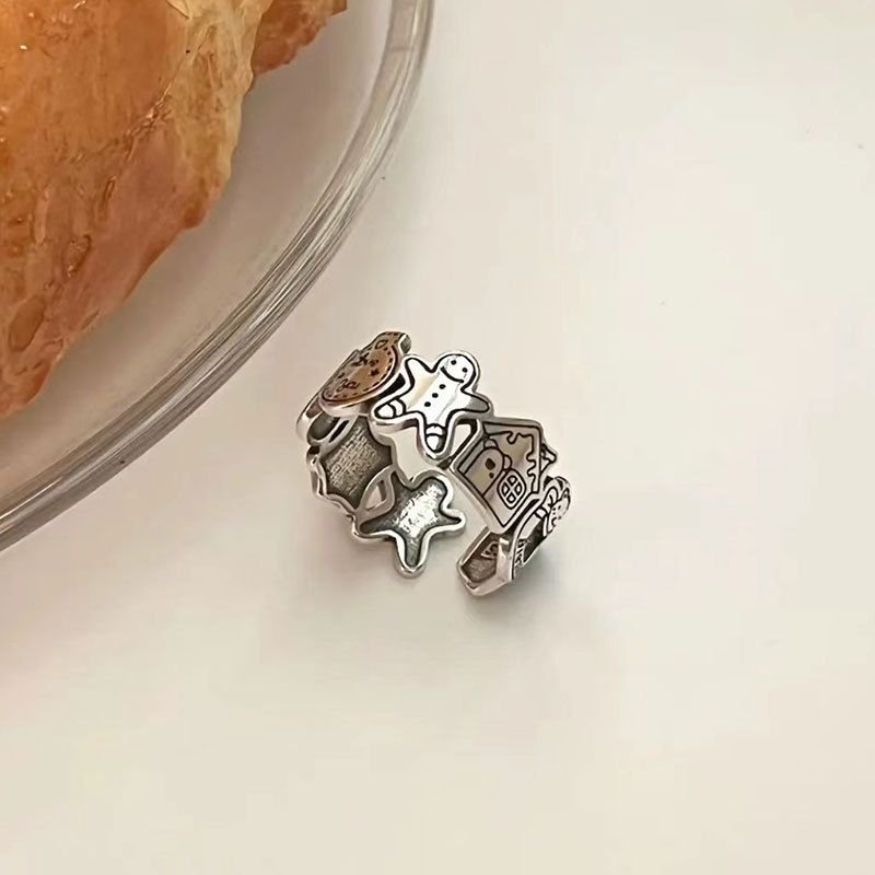 Vintage Graffiti Christmas Gingerbread Man Letters Silver Adjustable Ring