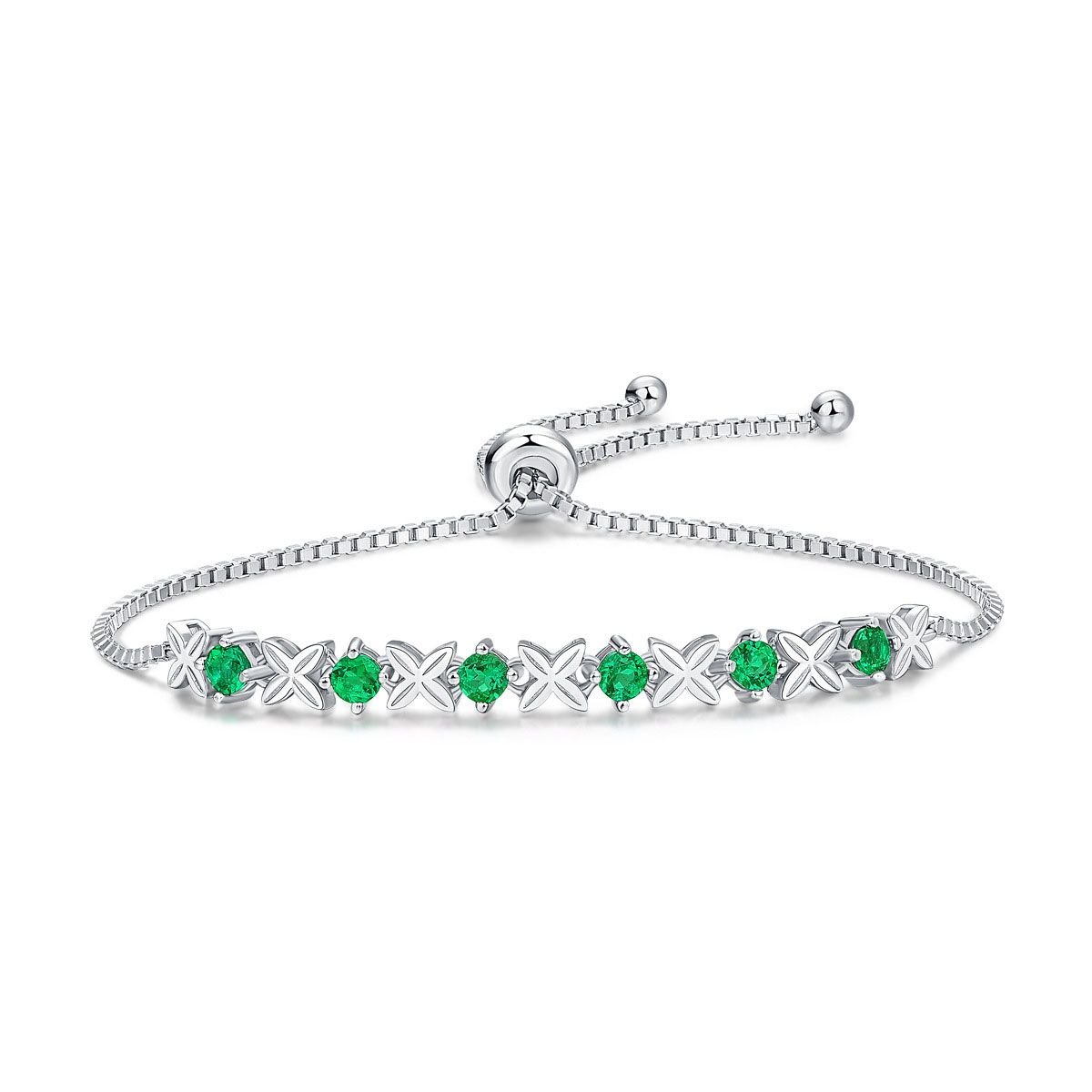 Hot Round Natural Green Jade Four Leaves Clover Silver Bracelet