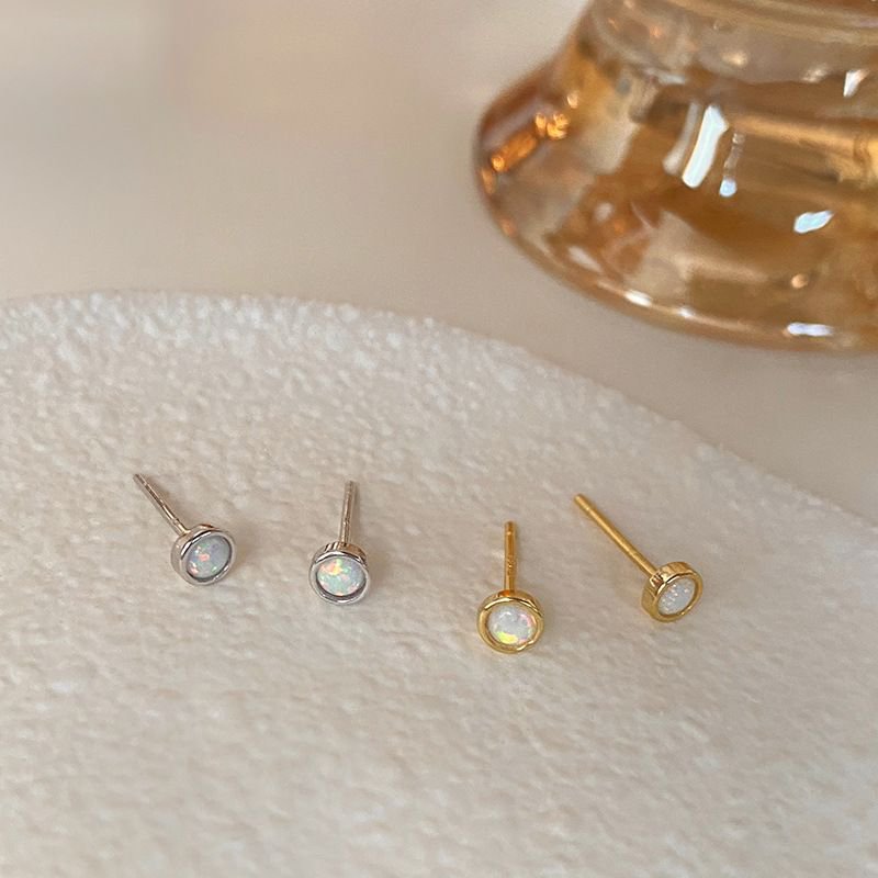 Simple Fashion Round Created Opal 925 Sterling Silver Stud Earrings