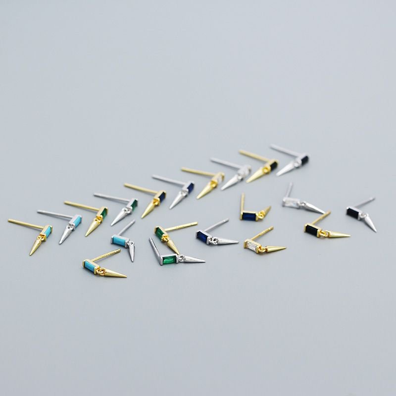 Punk Geometry Baguette CZ  Turquoise Rivet 925 Sterling Silver Stud Earrings