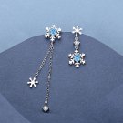 Holiday Blue CZ Snowflakes Asymmetry 925 Sterling Silver Dangling Earrings