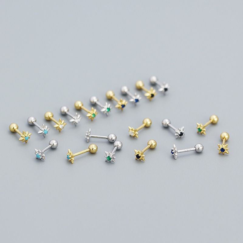 Mini CZ Eight Pointed Star Screw 925 Sterling Silver Stud Earrings