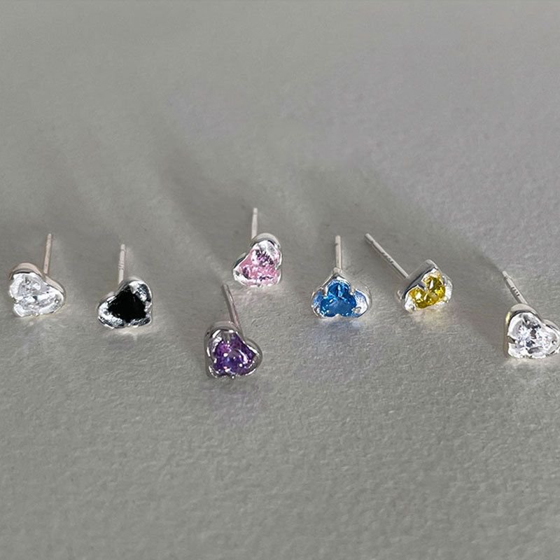 Cute Mini Irregular Colorful CZ Heart Silver Stud Earrings