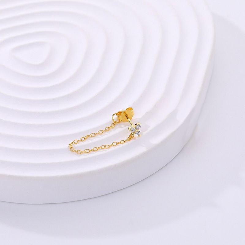 CZ Flower Three Leaf Clover Chain Tassels Silver Hoop Earring(Single)