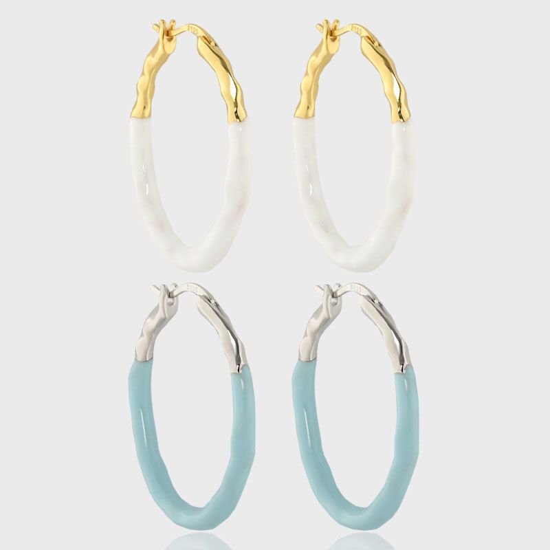 Casual Epoxy Cover Round Circle 925 Sterling Silver Hoop Earrings