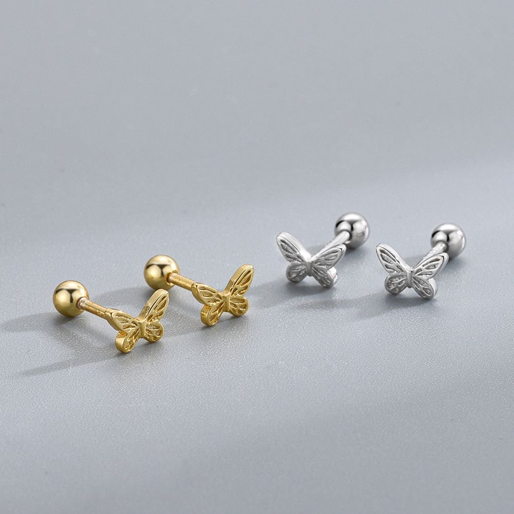 Girl Initial Tiny Butterfly 925 Sterling Silver Screw Stud Earrings
