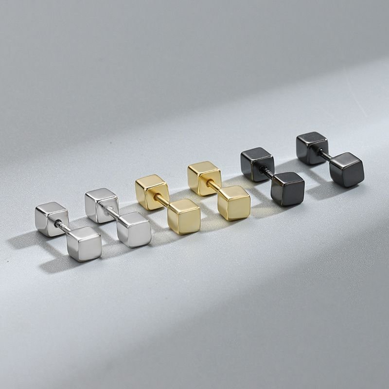 Geometry Double Cube Square Barbell Screw 925 Sterling Silver Stud Earrings