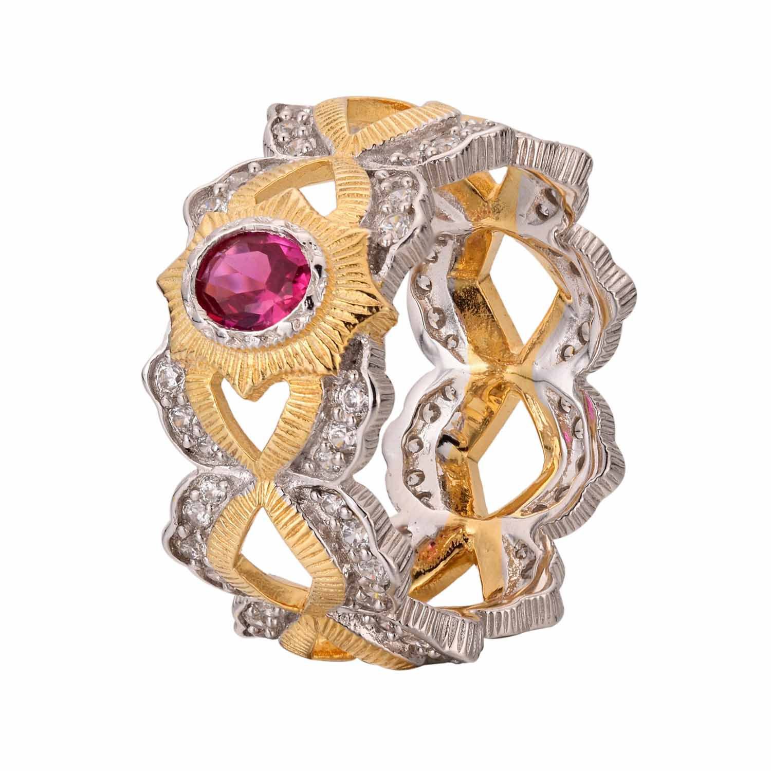 Holiday Oval Created Ruby Sun Hollow Cross CZ 925 Sterling Silver Ring