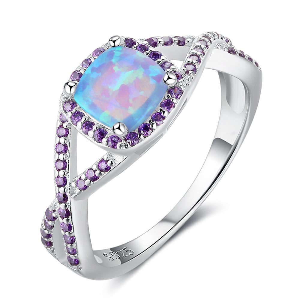 Simple Square Created Opal Purple Twisted CZ 925 Silver Ring