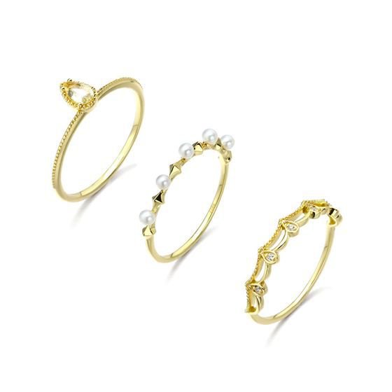 Three Natural Pearl CZ Wave Waterdrop 925 Silver Stacker Ring