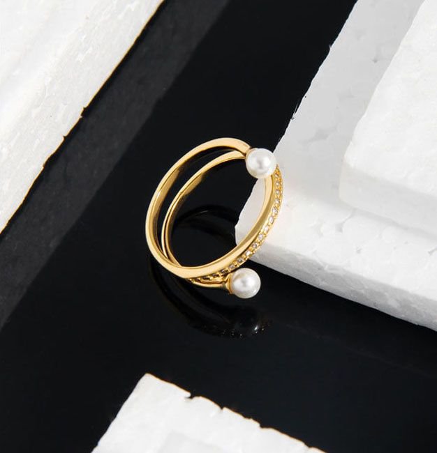 Gift Double Layer Shell Pearl CZ 925 Sterling Silver Adjustable Ring
