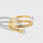 Gift Double Layer Shell Pearl CZ 925 Sterling Silver Adjustable Ring