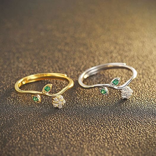 Yellow White Olive Leaf Green Cubic Zirconia 925 Sterling Silver Adjustable Ring