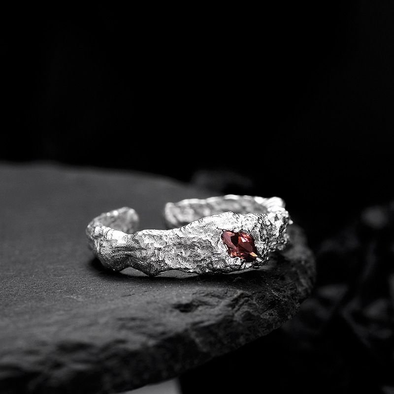 Fashion Red Oval Eye CZ 925 Sterling Silver Irregular Adjustable Ring