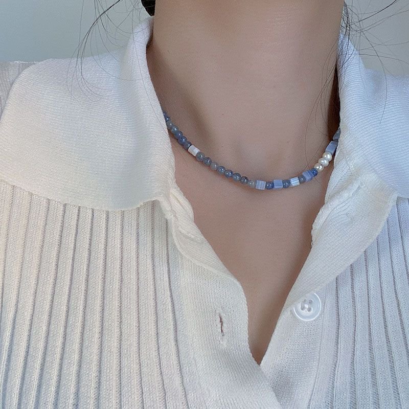 Hot Geometry Round Square Natural Blue Gemstone 925 Sterling Silver Necklace