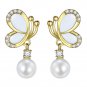 Fashion Butterfly White Shell Pearl CZ 925 Sterling Silver Dangle Earrings