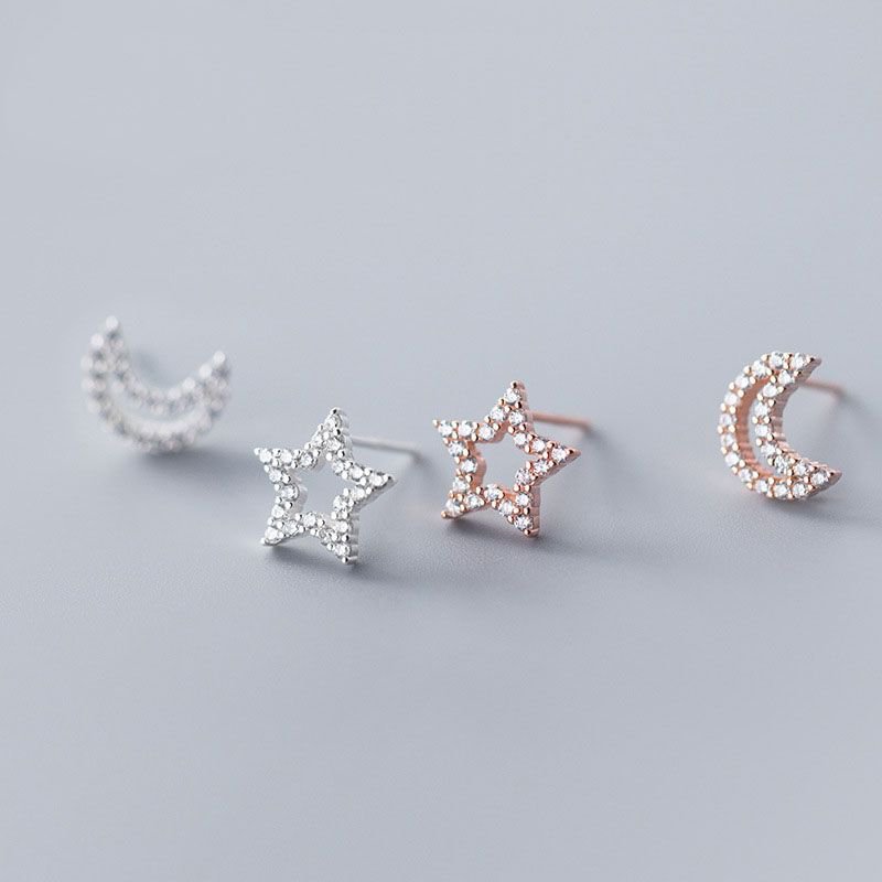 Hollow CZ Star Crescent Moon 925 Sterling Silver Studs Earrings