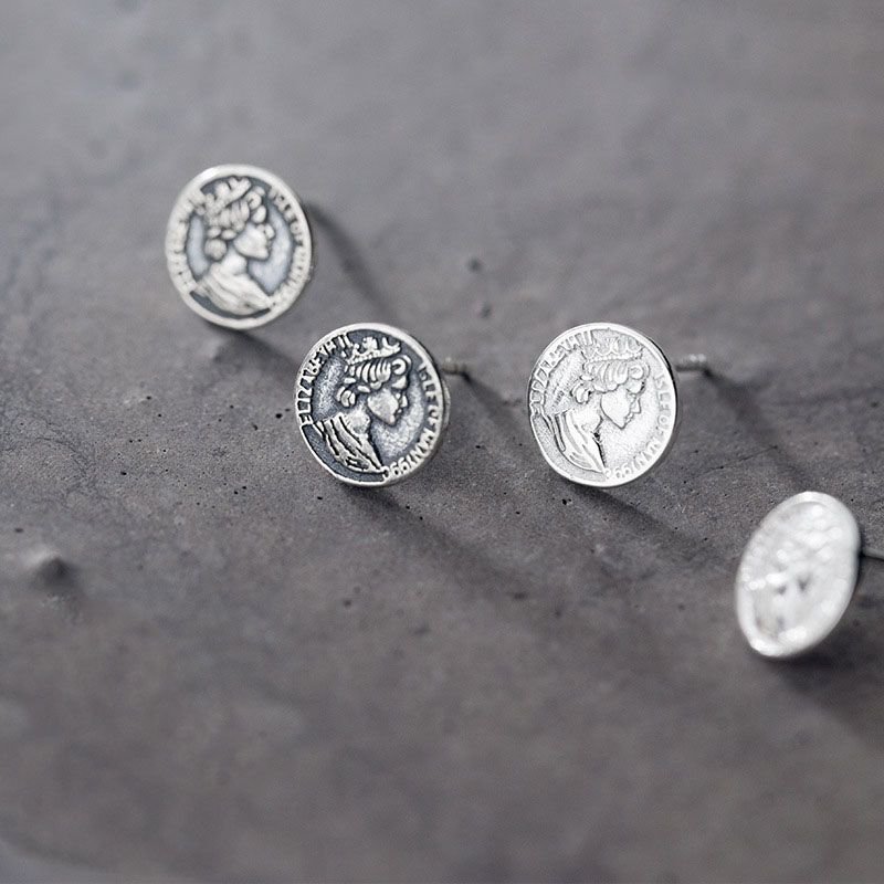 Round Portrait Coin 925 Sterling Silver Studs Earrings