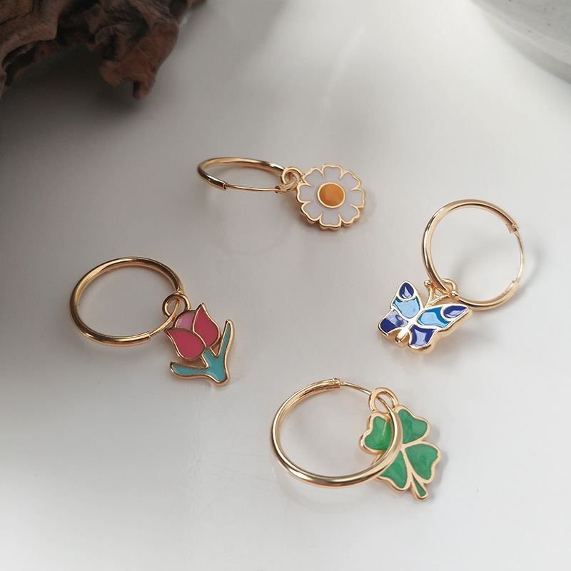 Four Leaf Clover Flower Flower Butterfly 925 Silver Hoop Earrings