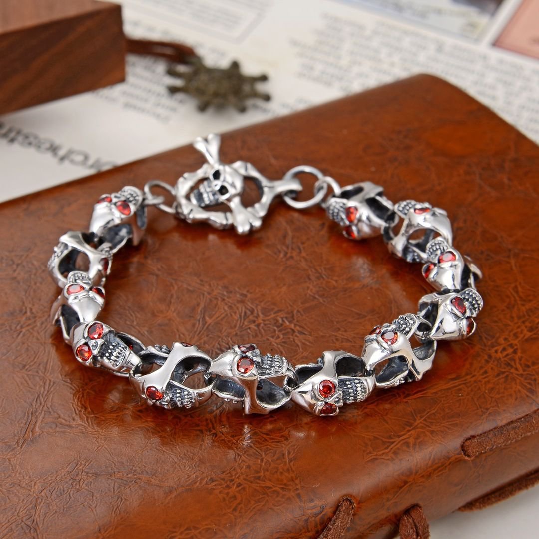 Modern Men Halloween CZ Skulls Vintage 925 Sterling Silver Bracelet