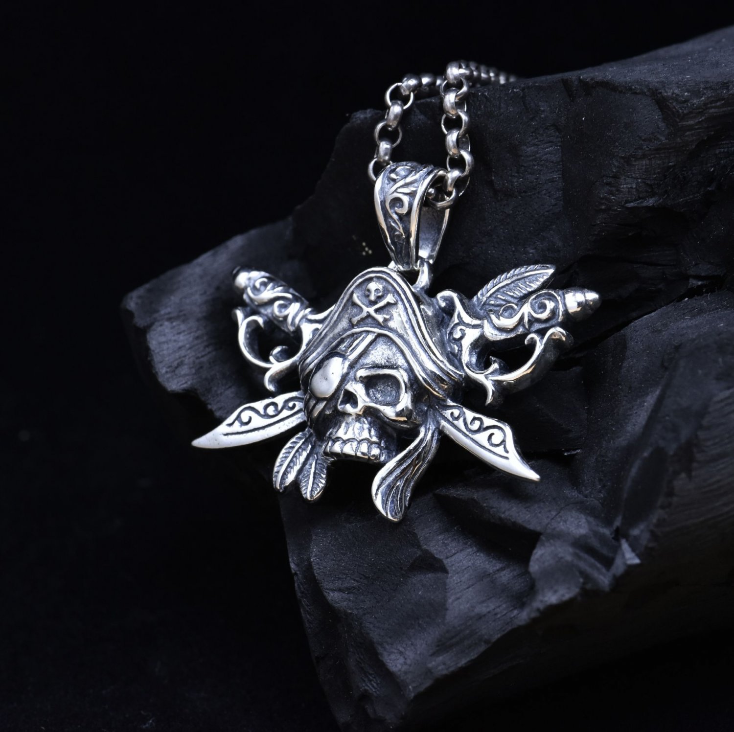Men Vintage Skull Pirates Knife Sword 925 Sterling Silver DIY Pendant