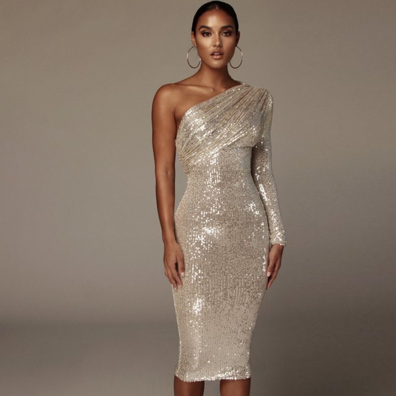 One Shoulder Sequins Asymmetrical Over Knee Sexy Backless Dress