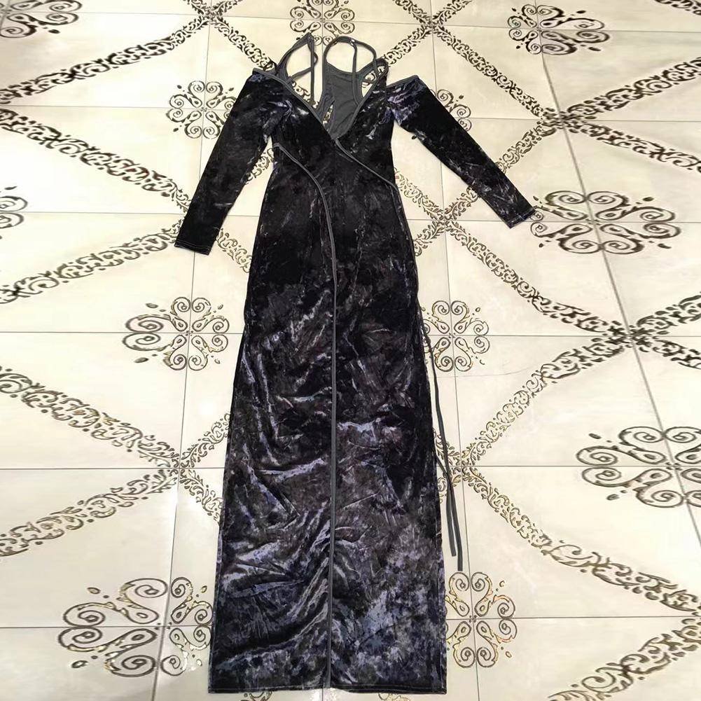 V Neck Long Sleeve Cut Out Maxi Bodycon Dress