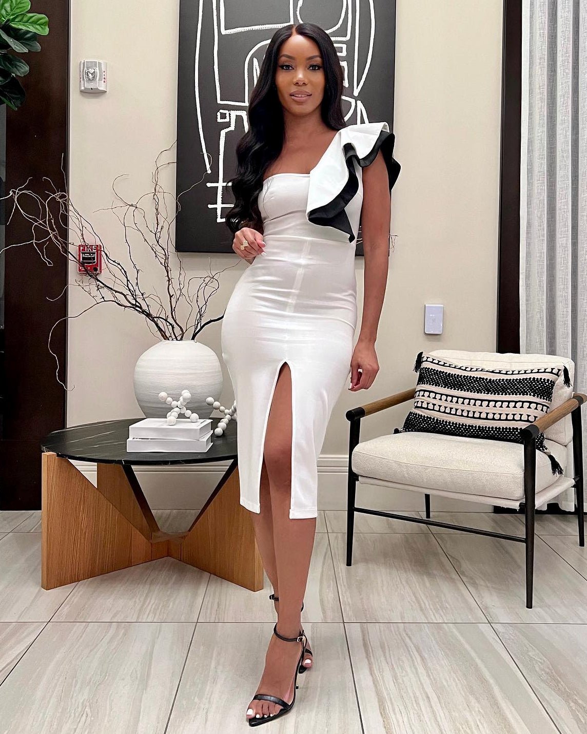One Shoulder Sleeveless Frill Midi Bodycon Dress