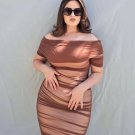 Off Shoulder Short Sleeve Ruched Midi Bodycon Dress
