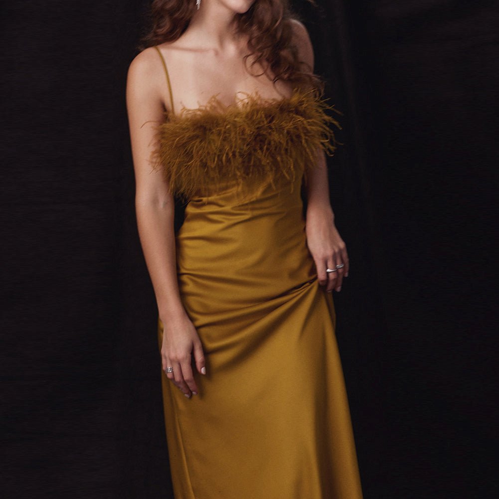 Strappy Sleeveless Feather Maxi Bodycon Dress
