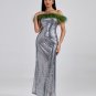 Off Shoulder Feather Sequin Maxi Dress