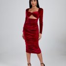 Shoulder Pad Velvet Ruched Midi Dress