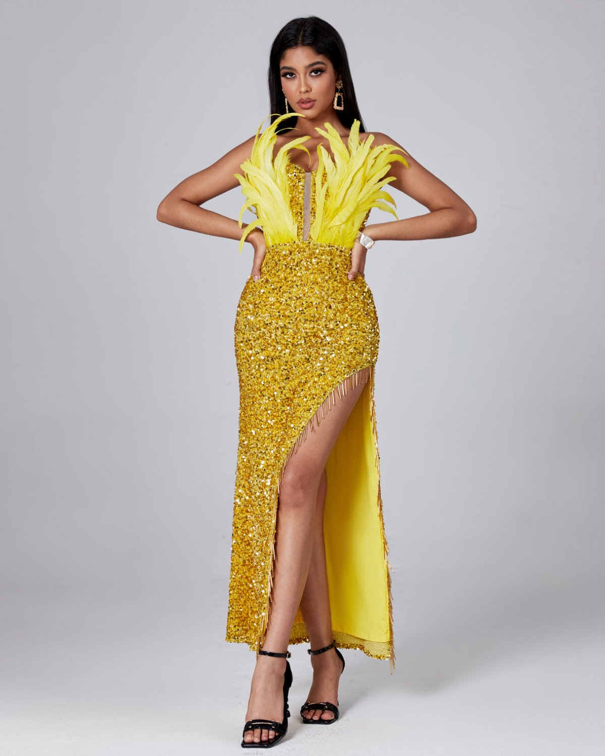 Feather Sequin Maxi Dress