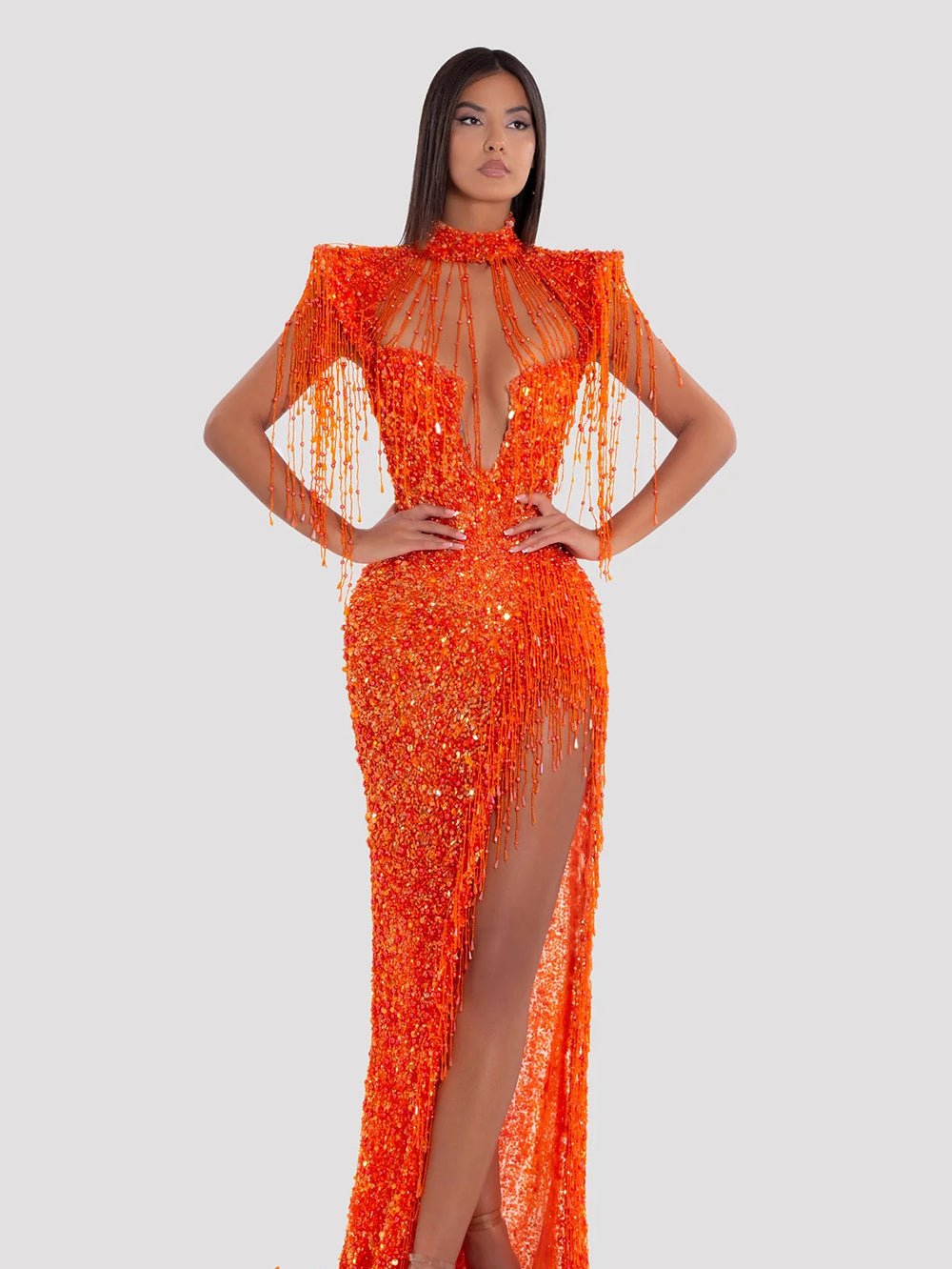 High Neck Sleeveless Bead Chain Maxi Bodycon Dress
