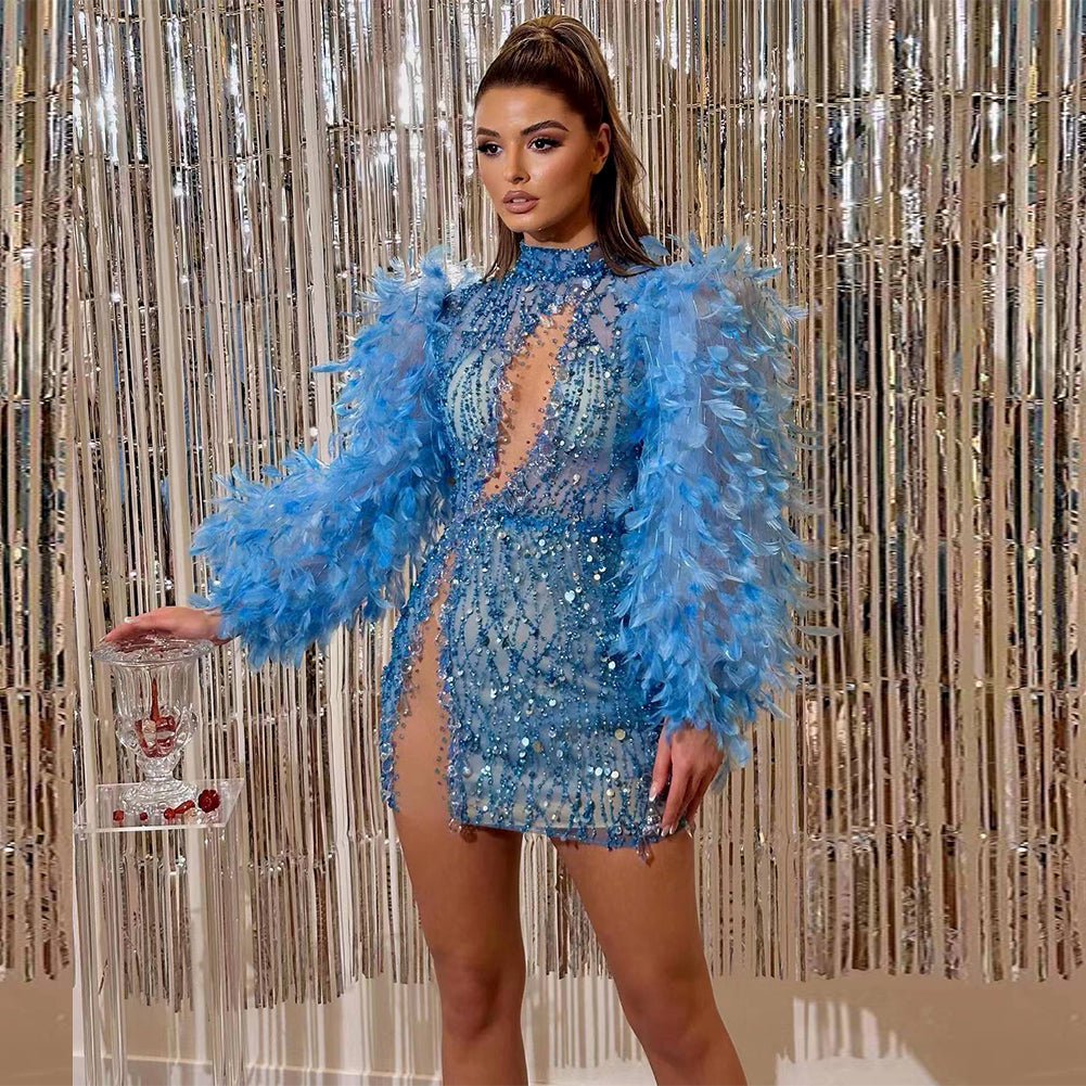 High Neck Long Sleeve Sequins Mini Bodycon Dress