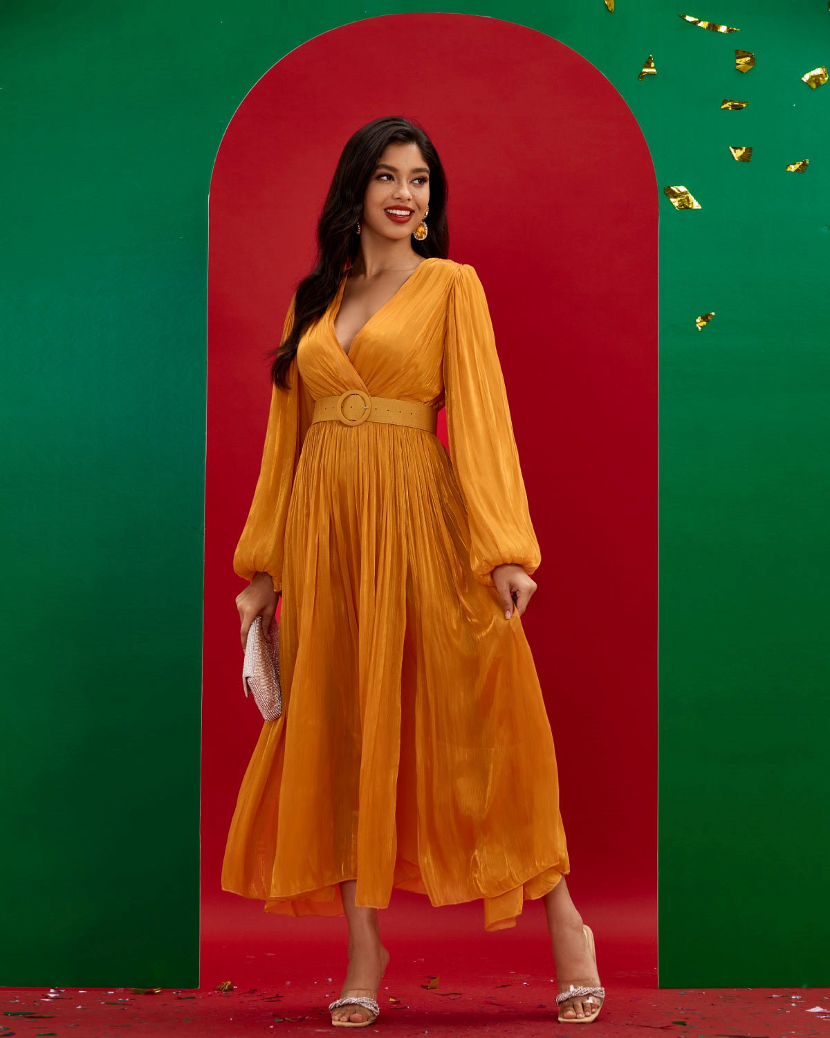 V-neck Pleated Maxi Dress