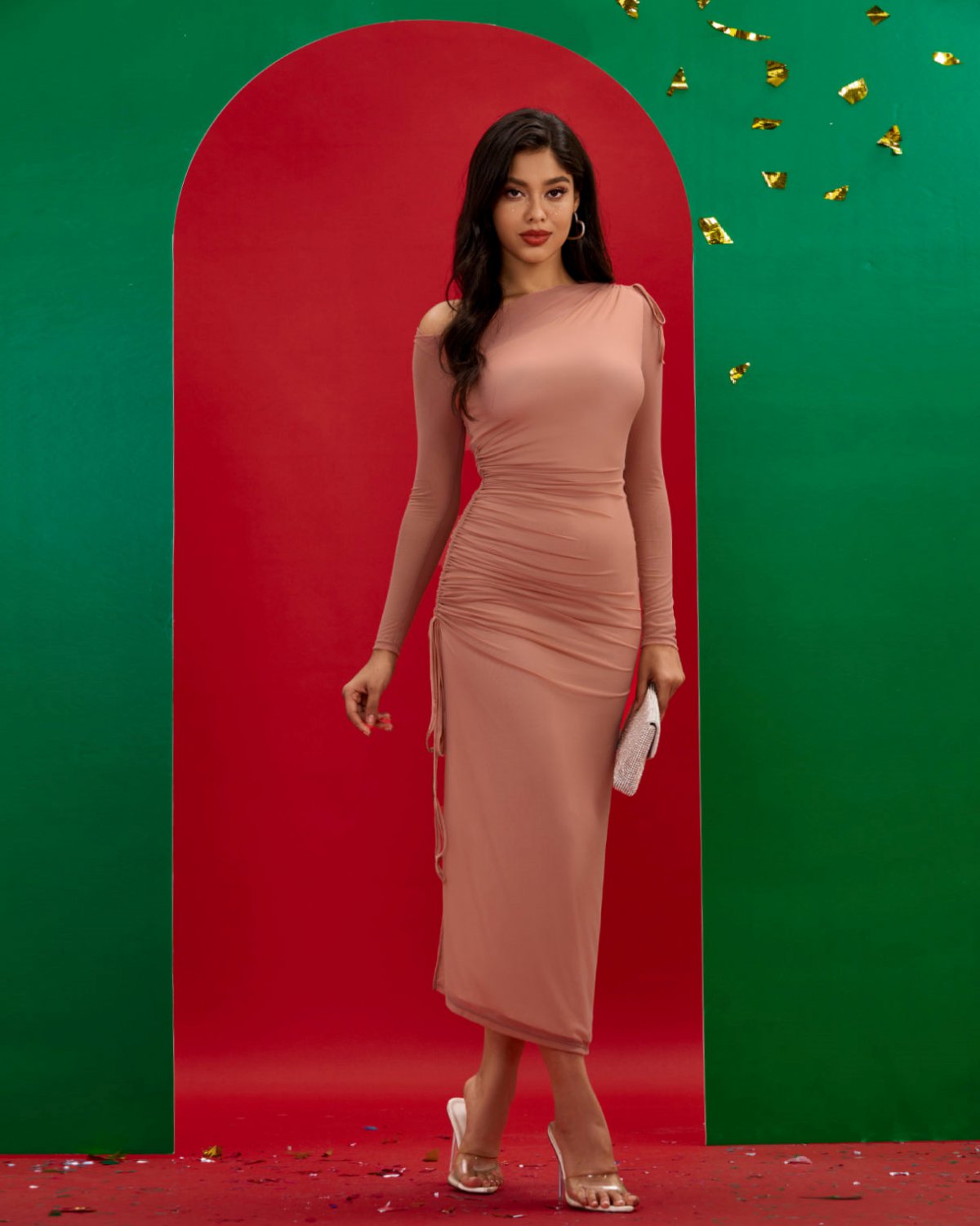 Ruched Mesh Long Sleeve Bodycon Dress