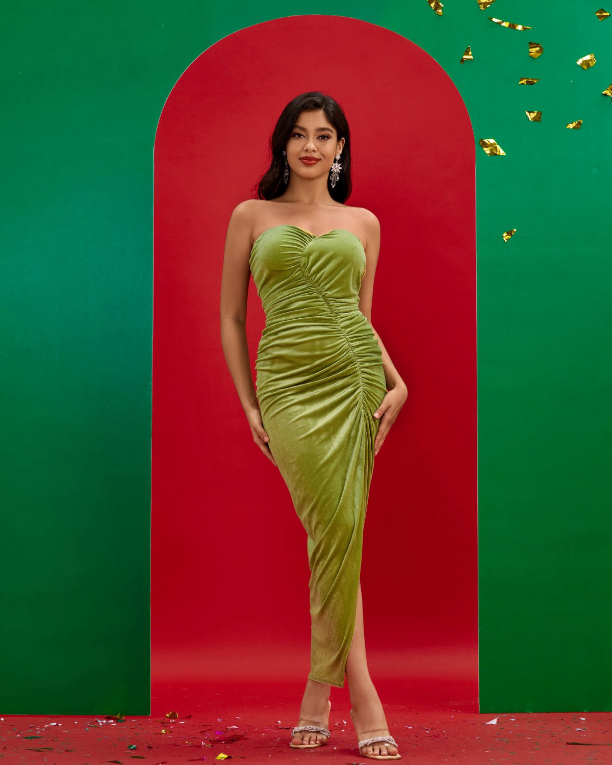 Olive Green Velvet Bustier Long Dress