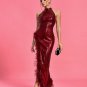Sequin Feather Trim Backless Dress