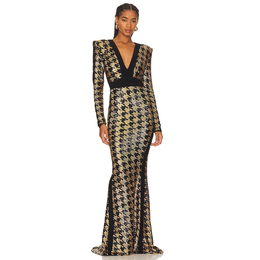 V Neck Long Sleeve Sequins Maxi Dress