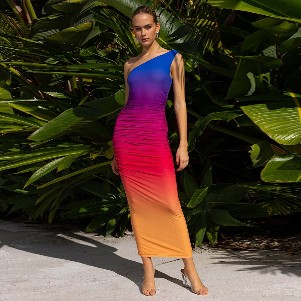 One Shoulder Sleeveless Gradient Color Midi Dress