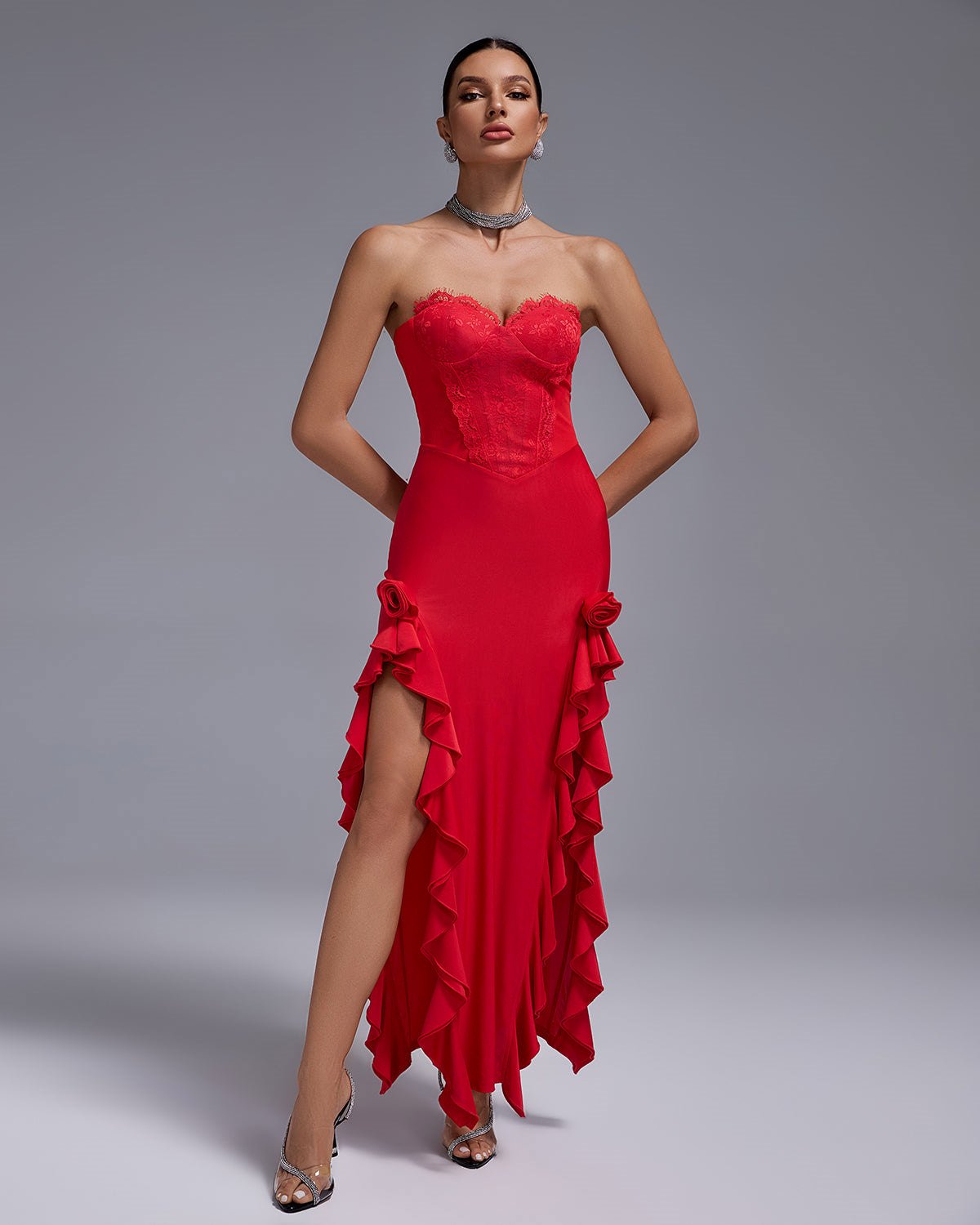 Open Back Lace Bustier Maxi Dress