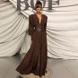 V Neck Long Sleeve Pure Color Maxi Dress