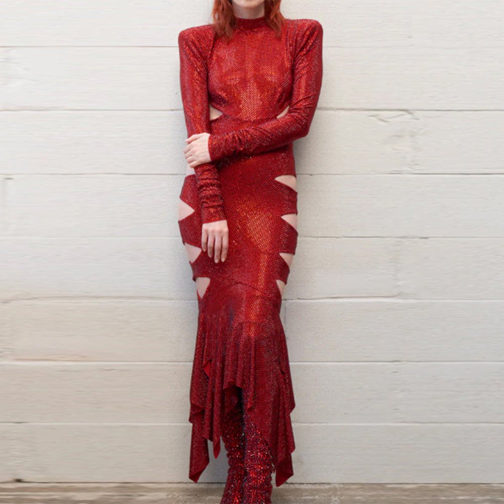 Semi-High Collar Long Sleeve Cut Out Maxi Dress